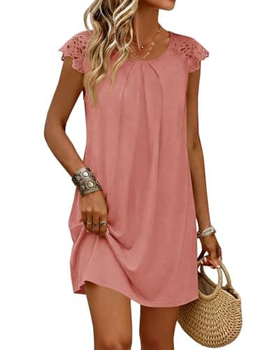 Wenrine Womens Summer T Shirt Dresses Casual Beach Vacation Short Sleeve Lace Pleated Mini Dress Pink-Orange