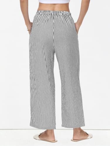 Lallabai 2026 Women Striped Gingham Palazzo Cropped Pants Lounge Boxer Pajama Pants Wide Leg PJ Bottoms Trousers with Pockets - Thumbnail 3