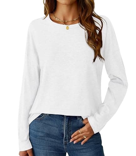 GKBK Long Sleeve Shirts for Women Crew Neck Basic Tops Casual Loose Fitted Fall Clothes 2025 White L - Image 1