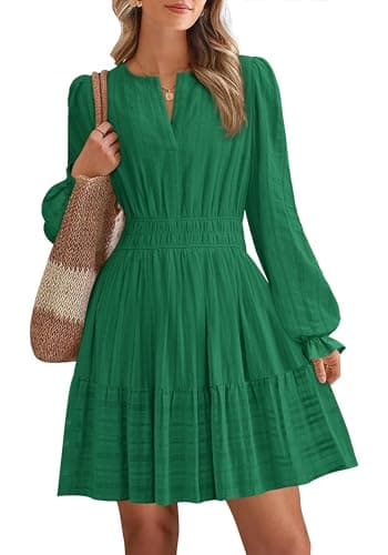 BTFBM Mini Dresses for Women 2026 Casual Lightweight Long Sleeve V Neck A Line Elastic Waist Party Holiday Dress(Dark Green, X-Large) - Image 1