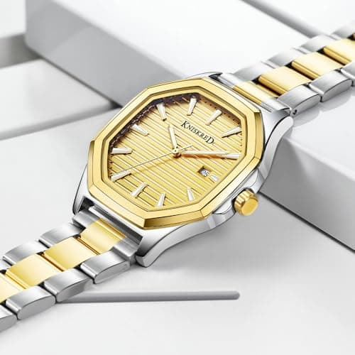 KNISKRED Business Watch for Men with Luminous Scale and Solid Stainless Steel Band Mens Calendar Watch (Silver Gold) - Thumbnail 3