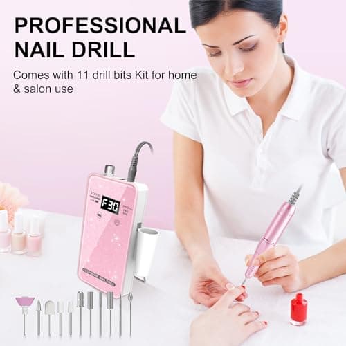 Professional Electric Nail Drill File:COSYGLOW Glitter Portable Cordless E-File Nail Drill Kit with 11 Drill Bits,30000 RPM Rechargeable Nail Drills Machine for Acrylic Nails Gel Polishing (Pink) - Thumbnail 6