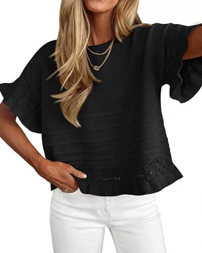 KIRUNDO Short Sleeve Sweater for Women 2026 Spring Summer Tops Crochet Round Neck Ruffled Hem Knit Pullover Casual Blouse(Black, Medium) - Image 1