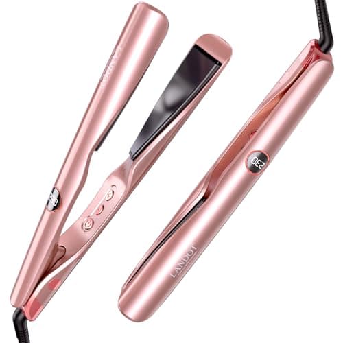 LANDOT Hair Straightener and Curler 2 in 1 – Twist Ceramic Flat Curling Iron for Straighten & Curl Hair, Dual Voltage, Fast Heat Up, 12 Adjustable Temps 250-450℉ Fit All Hair Types, Rose Gold, 1 inch - Image 1