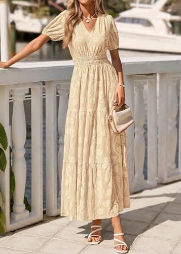 KIRUNDO Summer Dresses for Women 2026 Boho Flowy Casual Short Sleeve V Neck Elastic Waist Floral Long Baby Shower Maxi Dress(Apricot, Small) - Thumbnail 4