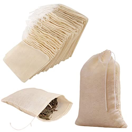 Reusable Cheesecloth Tea Bags 25Pcs 4"x6", Sachet for Cooking, Soup, Spice, Loose Leaf Tea, Cold Brew - Drawstring Filter With Empty Bags
