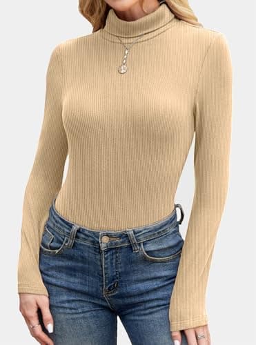 GKBK Womens Turtleneck Long Sleeve Tops Ribbed Basic Tshirts Thermal Underwear Warm Lightweight Fall Sweaters 2025 Fashion Outfits Winter Clothes Khaki - Thumbnail 3