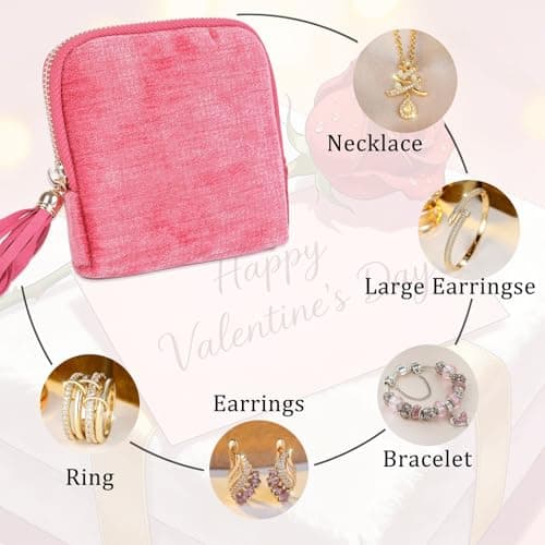 ASINGYER Travel Jewelry Storage Bag for Women, Velvet Portable Jewelry Organizer with Tassel Zipper, Small Pouches for Bracelets Necklaces Rings Earrings, Wedding Gift for Women (hot pink) - Thumbnail 4