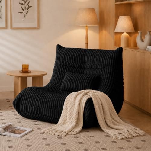 Bean Bag Chair with Lumbar Pillow, Gaint Bean Bag Chairs for Adults, Oversized Corduroy Beanbag Chair with Memory Foam Filled, Lazy Floor Sofa for Reading Gaming Living Room Bedroom (Black)
