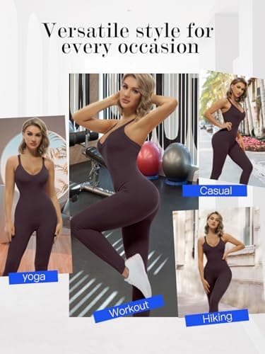 VUTRU Women’s Jumpsuits Cross Strap One Piece Bodysuit Sexy Workout Tummy Control Athletic Sleeveless Romper（Dark Brown XL） - Thumbnail 5