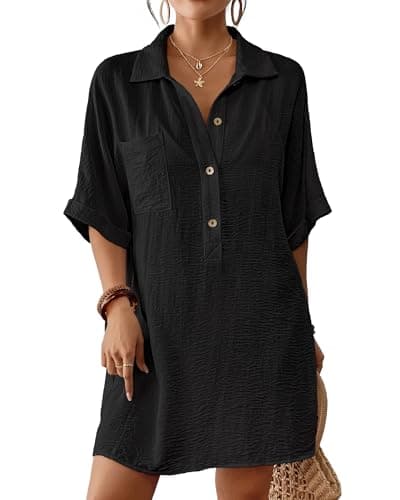 Bsubseach Cover Ups for Swimwear Women Short Sleeve Beach Swimsuit Coverup Loose Shirt Dress 2026 Vacation Outfits Black S - Image 1