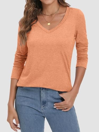 ATHMILE Womens 2026 Fall Long Sleeve Shirts Basic Apparel Shirts Trendy V Neck Tshirt for Women Curved Hem Tops - Thumbnail 2