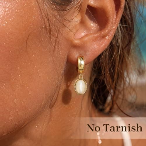 Trendy Gold Dangle Earrings for Women,14K Gold Plated Drop Earring Huggie Chunky hoop Earrings With Bezel-Set Statement Cat Eye Charm Lightweight Hypoallergenic Jewelry Accessories Gifts for Women - Thumbnail 3