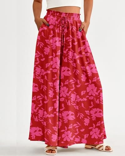 BTFBM Wide Leg Palazzo Pants for Women 2026 Summer Spring Casual High Waisted Flowy Trousers Boho Beach Vacation Outfits(Print Red, Large) - Thumbnail 2