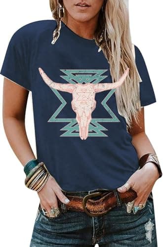 Western Shirts for Women Vintage Cow Skull Graphic Tshirts Casual Cowgirl Short Sleeve Tee Top - Image 1