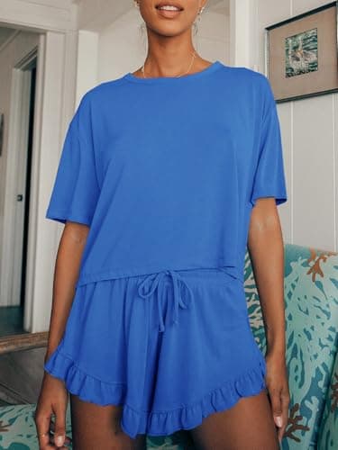 Tankaneo Womens Pajamas Set Lounge Sets Cropped Short Sleeve T Shirts Drawstring Ruffle Shorts Soft Sleepwear, Blue, X-Large - Thumbnail 2