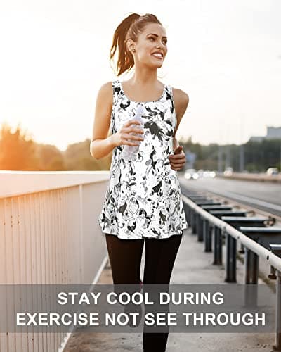 Miusey Sleeveless Workout Tops for Women Summer Tank Tops Flowy Yoga Shirts Exercise & Fitness Shirts Long Length Athletic Tops Women Loose Fit Tie Dye Shirt Women White Flower X-Large - Thumbnail 4