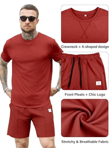 JEMLDL Lounge Sets for Men 2 Piece Summer Casual Outfits Short Sleeve Shirt & Shorts Matching Set Sweat Suit Vacation Clothing Red M - Thumbnail 2