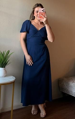 ECOWISH Womens Summer Maxi Dresses: 2026 Casual Flutter Short Sleeve Twist Front Long Flowy Wedding Guest Dress with Pockets 482Navy Blue M - Thumbnail 3