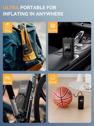 AIRSURE Tire Inflator Portable Air Compressor, 150 PSI Fast Inflation Cordless Air Pump with LED Light, Auto Shut-Off, Rechargeable Battery for Car, Motorcycle, Bike, and Sports Balls - Thumbnail 6