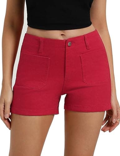 Belle Poque Women Jean Shorts Red High Waisted Micro Cargo Denim Shorts (Red, S) - Thumbnail 5