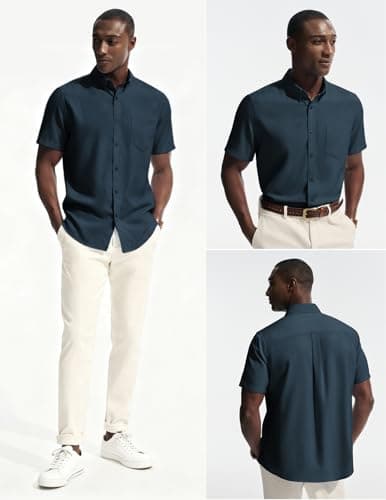 PJ PAUL JONES Mens Formal Shirts Regular Fit Dress Shirts Short Sleeve Business Casual Button Up Shirt Denim Blue XL - Thumbnail 2