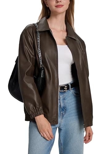 Moreone Faux Leather Jacket Women Oversize Leather Bomber Jacket Zip Up Going Out Jackets for Women 2026 Fall Fashion Moto Jacket coffee S - Image 1