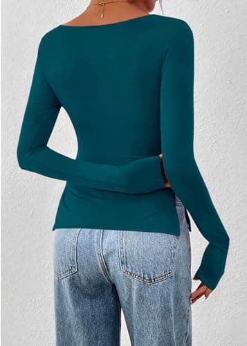 KIRUNDO Long Sleeve Going Out Tops for Women 2026 Spring Casual Boat Neck Workout Shirts Fall Fitted Side Slit Basic Tees(Lake Blue, X-Large) - Thumbnail 2