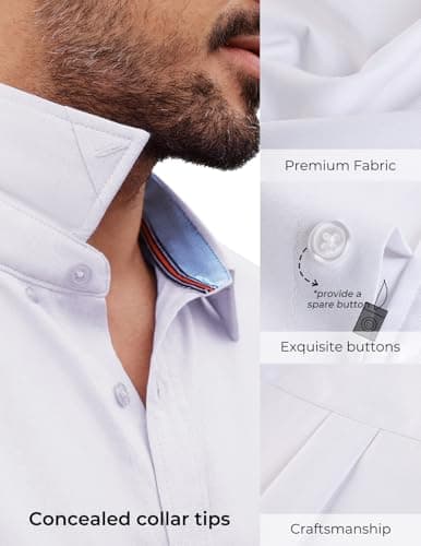 PJ PAUL JONES Untucked Shirts for Men Regular Fit Casual Button Shirt Short Sleeve Dress Shirts White L - Thumbnail 3