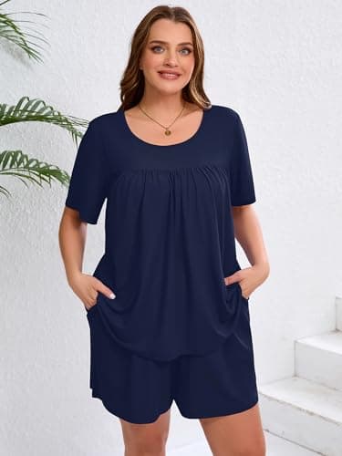 AusLook Women's Plus Size Pajama Sets Short Sleeve Top and Shorts Navy Blue 2X Comfy Soft Ladies Short Pajamas Set Loungwear Sleepwear Pjs Set 2 Piece Lounge Set with Pockets - Thumbnail 4