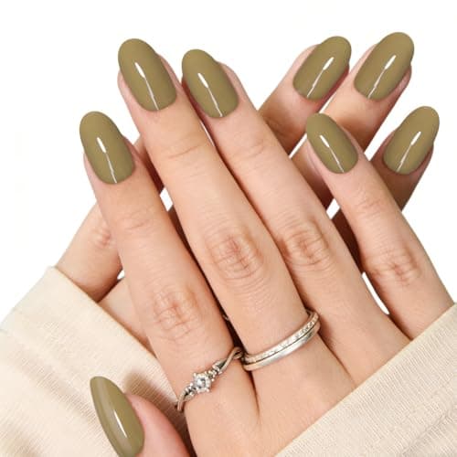 Khaki Press On Nails,Medium Soft Gel Oval Fake Nail Kit With Nail Glue,30-Piece-15 Sizes Durable Reusable Press On Nails for Women Gift(light khaki) - Thumbnail 5
