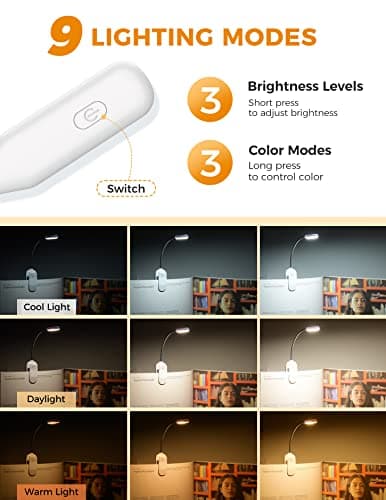 Monotremp Book Lights for Reading at Night in Bed, 80 Hours Runtime Rechargeable Reading Lights for Books in Bed, 3 Brightness Levels × 3 Color Temperatures, 1.3 oz Lightweight - Thumbnail 2