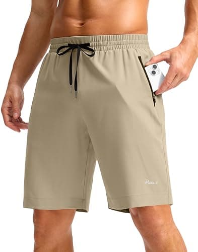 Pudolla Mens Shorts 5"/9" Gym Shorts with Zipper Pockets Lightweight Quick Dry Running Shorts for Men(Khaki L9_S) - Image 1