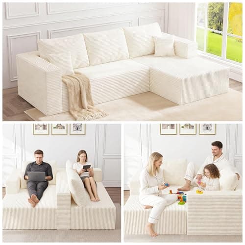 92.5" Modular Sectional Sofa, L-Shaped Cloud Couch with Deep Seats & Chaise, Convertible 4-in-1 Corduroy Boneless Couches for Living Room, Bedroom, No Need Assembly - Beige(Right Facing Chaise) - Thumbnail 3