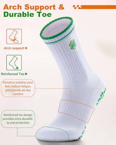 NSRRUN TURTLE Non-Slip Pilates Grip Socks for Women - Embroidery Crew Sock with Sticky Sole, Ideal for Yoga, Workout, & Barre, X-Large, 2 Pairs -Green Lucky Leaf - Thumbnail 4