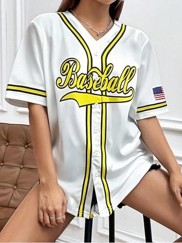 Baseball Shirt Jersey Women Baseball Player T-Shirt Game Day Fan Graphic Tees Button up Short Sleeve White - Thumbnail 5