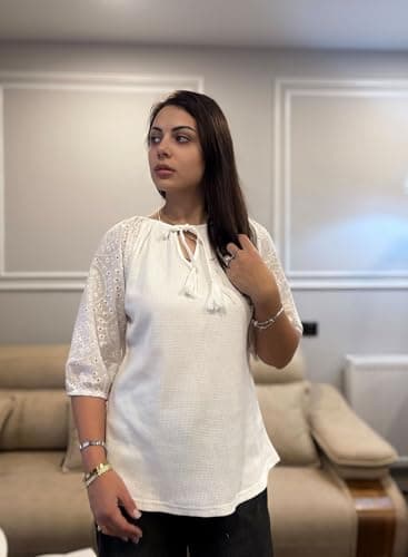 Dokotoo Summer Tops for Women 2026 Casual Tassel Tie V-Neck 3/4 Puff Sleeve Tops for Women Trendy Embroidered Hollow Out Sleeve Waffle Knit White Shirt Womens Resort Wear Summer Outfits X-Large - Thumbnail 6