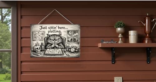 Just Sittin Here Plotting Metal Tin Sign Dark Humor Cat Artwork Funny Bathroom Wall Decor Gothic Sketch Style Plaque Restroom Home Office Gift 8x12 Inch Pre Drilled Hanging Art - Thumbnail 4