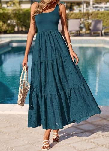 BTFBM Women Summer Eyelet Midi Dresses Casual Spring 2026 Sleeveless A Line Flowy Vacation Beach Wedding Guest Sun Dress(Dark Lake Blue, X-Large) - Thumbnail 6