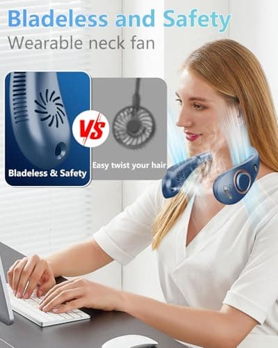 QMKKX Neck Fan with Mist Spray,Bladeless Folding Neck Fans that Blow Cold Air,Portable Necklace Fan Rechargeable Battery Operated Quiet Cooling Device,Wearable Hands Free Fans for Women Men Kids Blue - Thumbnail 6