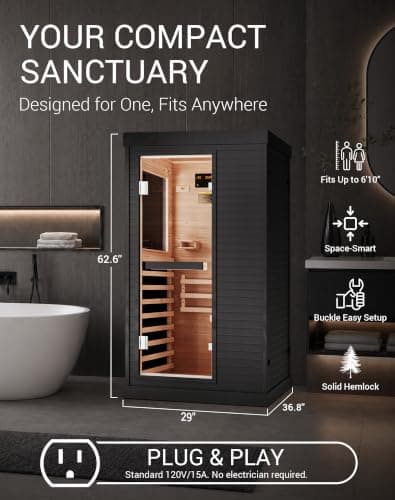 Mikolo 1 Person Far Infrared Sauna for Home | Ultra-Low EMF Indoor Dry Sauna | Solid Canadian Hemlock with 5 Carbon Heaters | Chromotherapy Light Therapy & Bluetooth for Wellness and Relaxation(Black) - Thumbnail 5