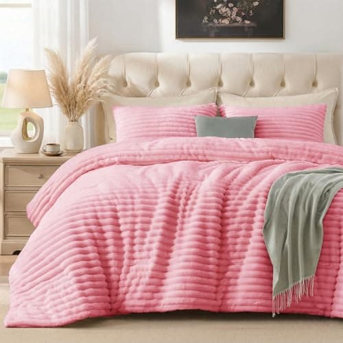 Quataly Marshmallow Queen Fleece Comforter Set Pink Faux Fur Fluffy Comforter Set Luxury Bedding Set Soft Plush Fuzzy Warm Bed Set All Season 3 Pieces (1 Shaggy Comforter, 2 Pillowcases) - Image 1