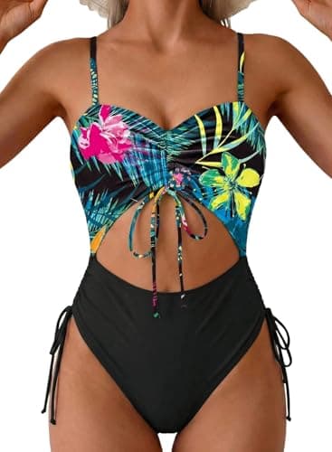 Viottiset Women's Cut Out Drawstring One Piece Swimsuit Bathing Suit Cheeky High Cut Monkini Black Floral Pattern L - Image 1
