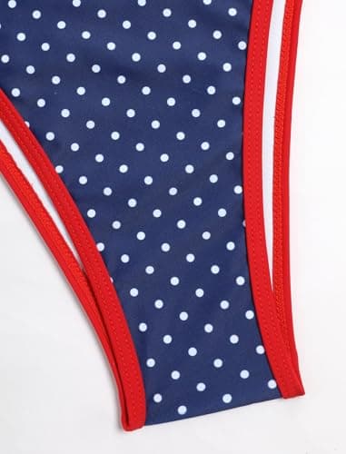 Jillumi Swim Suits for Women 2026 Halter Tankini Swimsuits V Neck Floral Printed Bikini Swimsuits High Cut Tie Side Thong Bathing Suit (Navy Polka Dots L) - Thumbnail 6