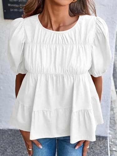 Tankaneo Womens Puff Sleeve Peplum Babydoll Tops Summer Smoked Pleated Cotton T-Shirts Casual Loose Fit Flowy Blouse White - Thumbnail 4