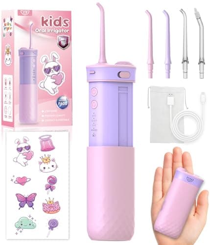 JTF Portable Water Flosser for Kids: 4 Gentle Modes for Ages 6+, Safe & Effective for Sensitive Teeth, Braces - with DIY Stickers, 4 Nozzles, Travel Bag, Mini Compact Oral Irrigator for Home & School - Image 1