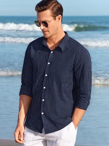 BAYAMO Men's Button-Down Striped Shirts Casual Long Sleeve Cotton Linen Collared Shirts Fashion Business Dress Shirt Navy XL - Thumbnail 3