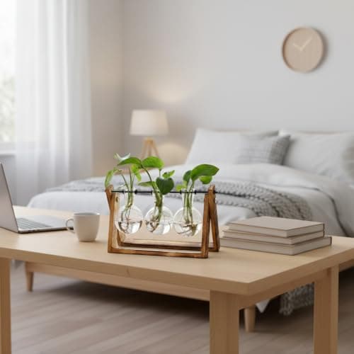 XXXFLOWER Plant Terrarium with Wooden Stand, Air Planter Bulb Glass Vase Metal Swivel Holder Retro Tabletop for Hydroponics Home Garden Office Decoration - 3 Bulb Vase - Thumbnail 5