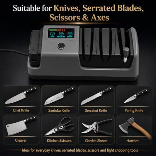 Electric Knife Sharpener for Knives, Scissors, Axes, 5-in-1 Multi-Function Sharpener with Adjustable Speed, 3-Stage Diamond Grinding, Ceramic Polishing Rod, LCD Display - Thumbnail 4