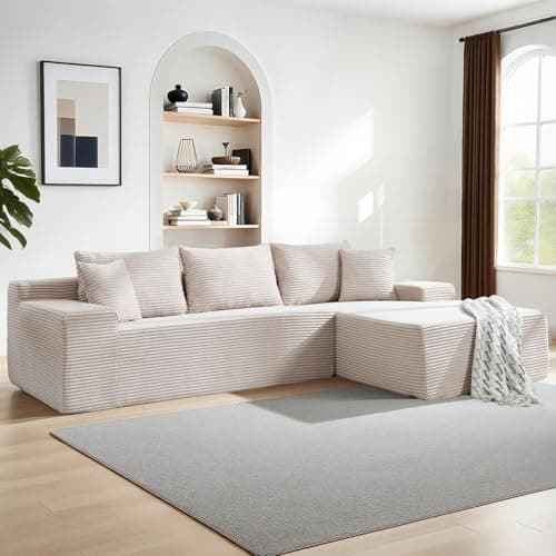 105" Cloud Modular Sectional Couch with L-Shape Chaise, Upholstered Corduroy Couches for Living Room, No Assembly Required Deep Seat Boneless Sofa (Beige, Right Facing Chaise) - Image 1